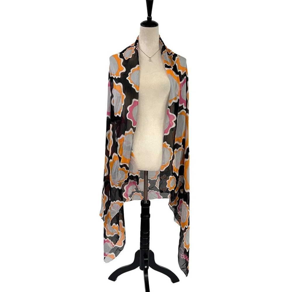 Diane von Furstenberg Silk Scarf Large 64X36 Floral Wrap Black Orange Retro Chic